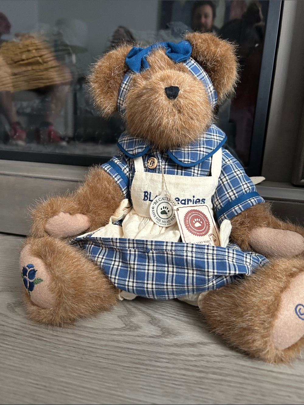 Boyds Bears Brown Plush Bear in Blue Plaid Dress with Cream Apron